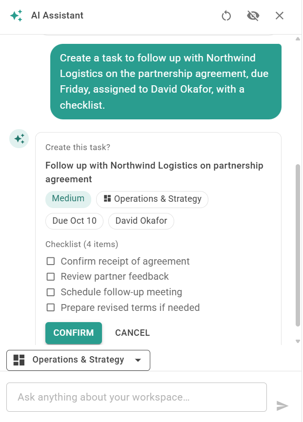 Artala AI assistant proposing a task — title, priority, board, due date, assignee and a four-item checklist — with Confirm and Cancel buttons