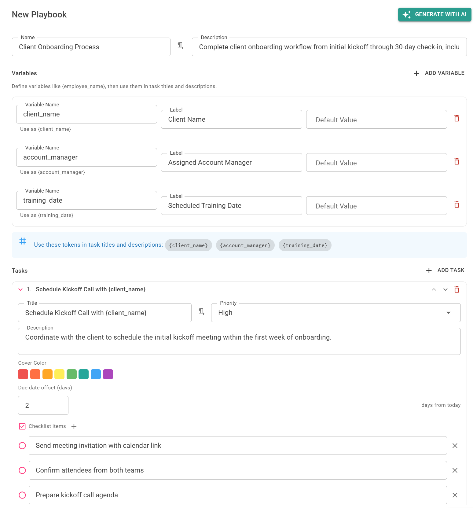 An AI-generated client onboarding playbook in Artala — variables with reusable tokens, and a task with priority, due-date offset and checklist